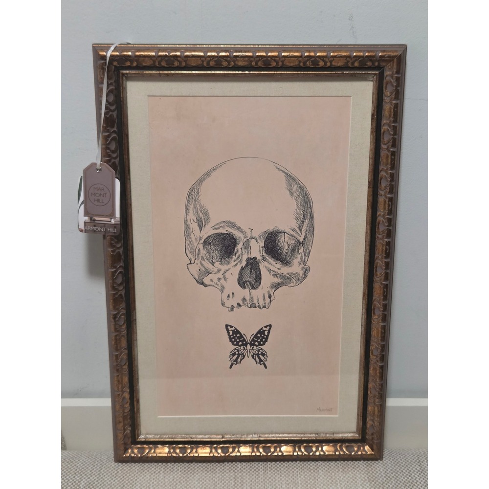Marmont Hill Skull and Butterfly Framed Art Print Gold Ornate Gothic Decor 18x12